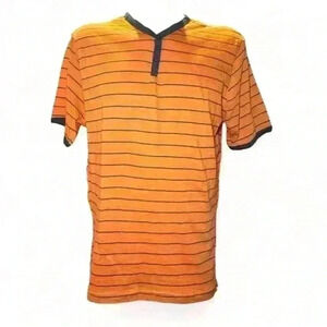 Carbon - Orange w Dark Blue Stripes Henley Curved Neck- Men’s XXL